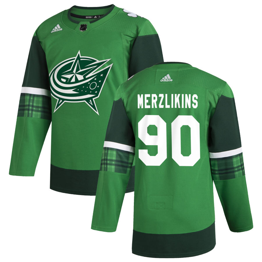 Columbus Blue Jackets #90 Elvis Merzlikins Men Adidas 2020 St. Patrick Day Stitched NHL Jersey Green->columbus blue jackets->NHL Jersey